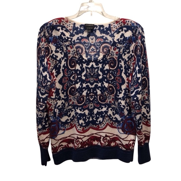 Talbots Large Pure Merino Wool Navy and Red Patterned Crew Neck Sweater - Picture 1 of 4